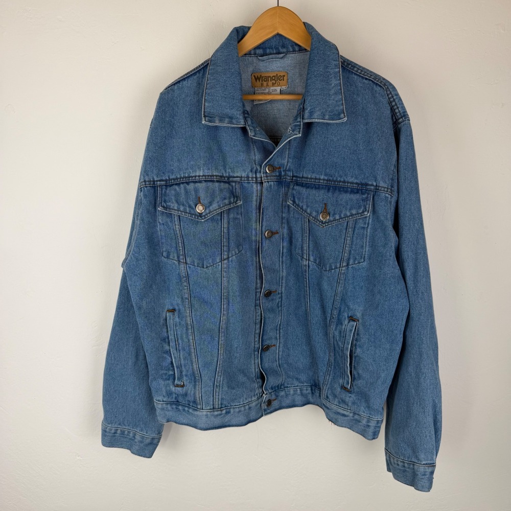 Wrangler Hero Mens Vintage 90s Denim Jacket Blue Medium Wash XL 62511ID Trucker